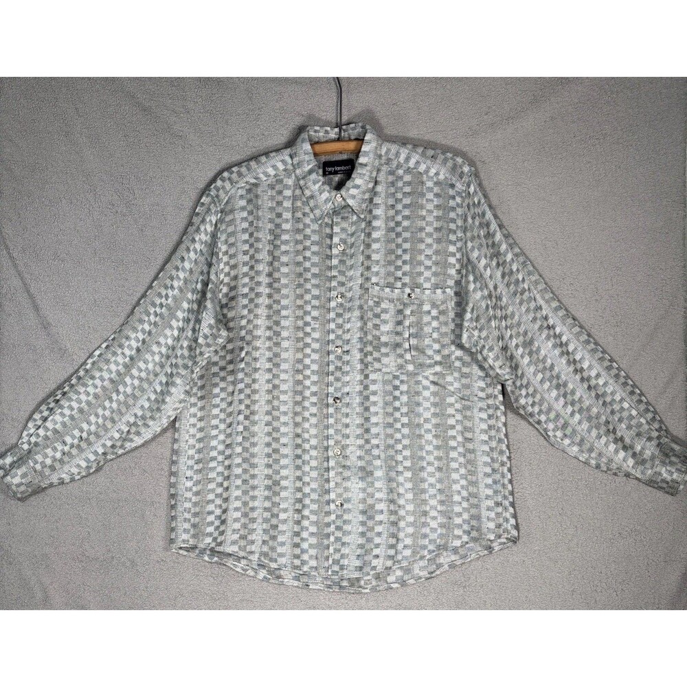 Vintage Tony Lambert Shirt Mens Size M Button Up USA Rayon Textured Checkerboard